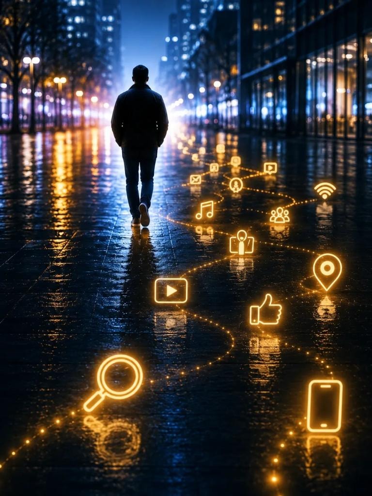 Advertising has changed — consumer digital journey with glowing social media icons