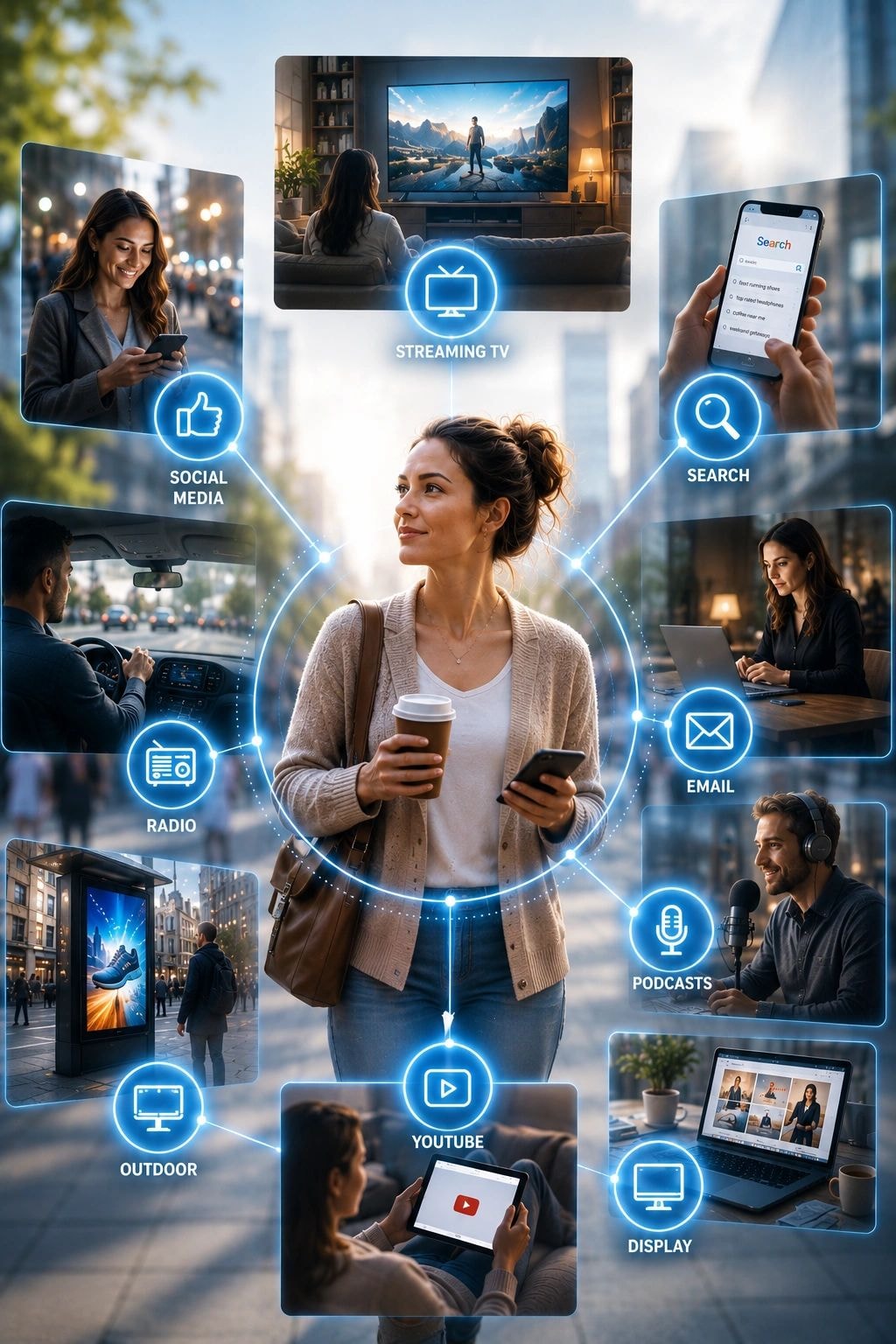 Omnichannel marketing: Streaming TV, Social Media, Search, Radio, Email, Podcasts, YouTube, Outdoor, Display